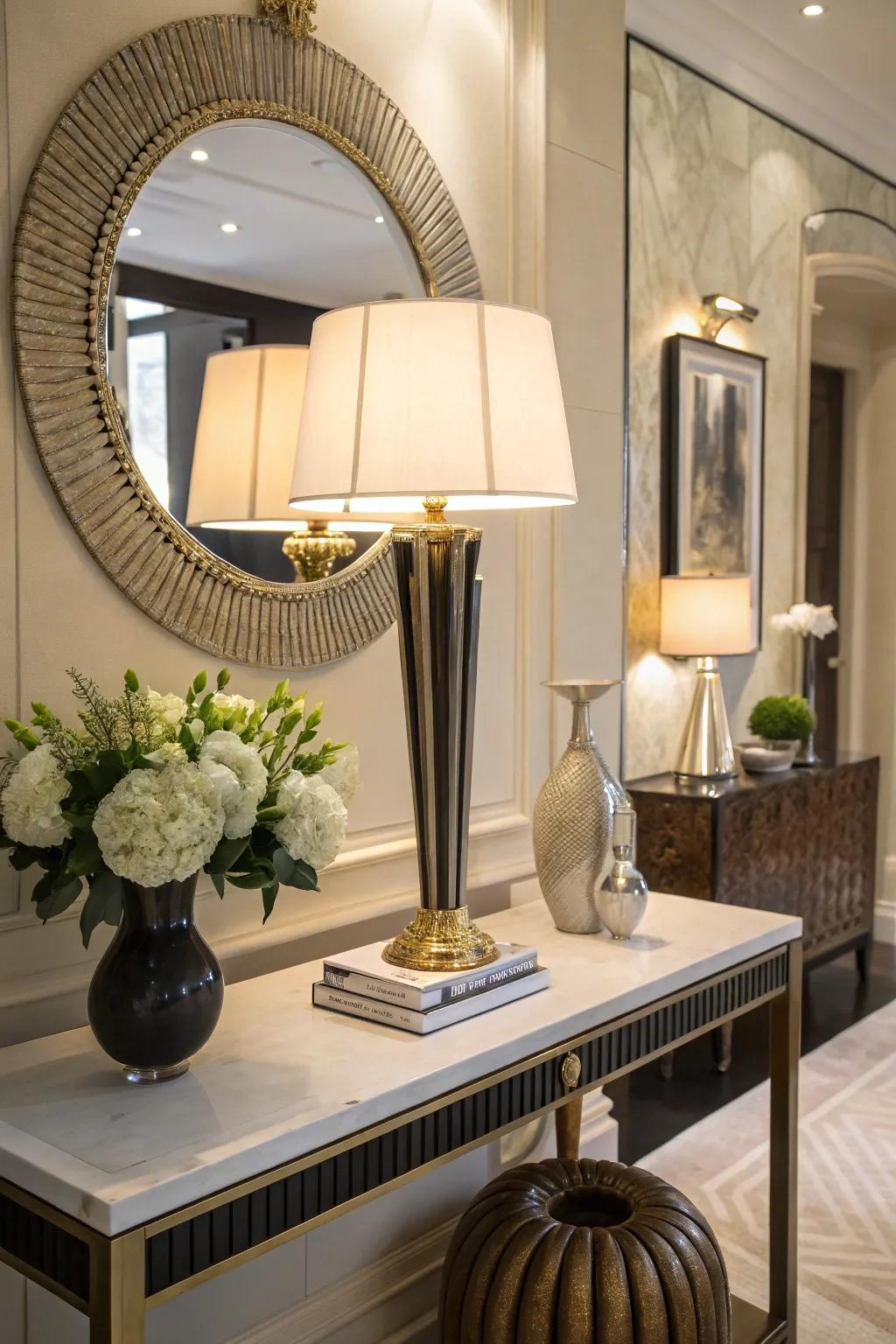 A table lamp offers a touch of warmth and sophistication to your entryway.