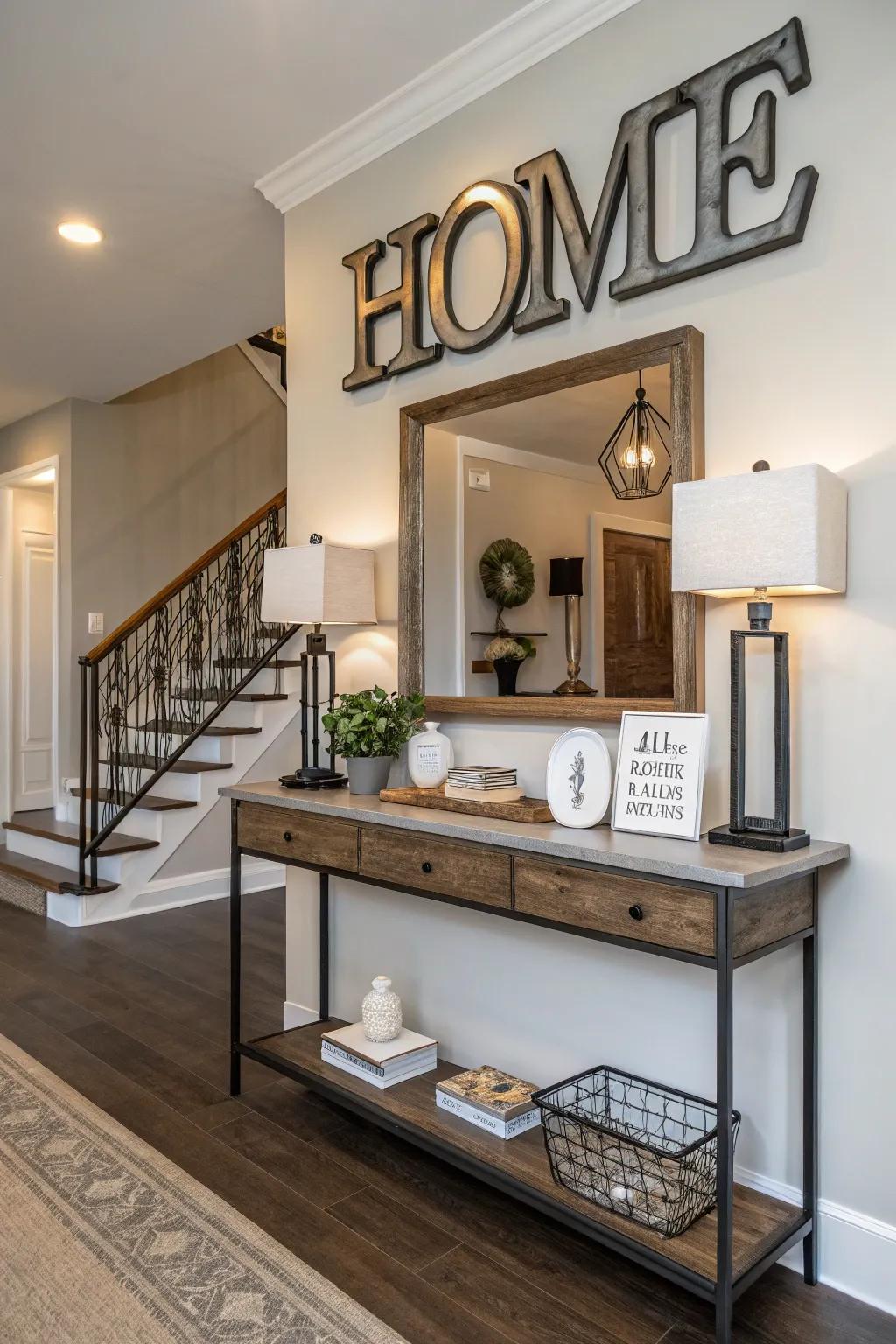 Metallic and lumber markers provide a sophisticated blend of materials.