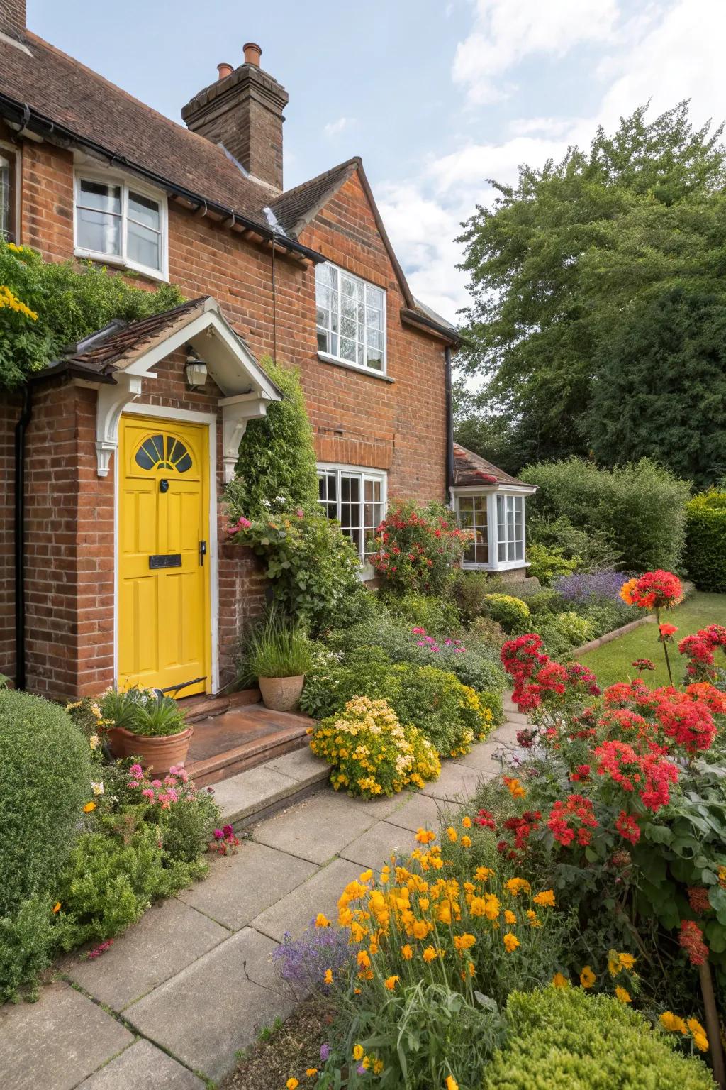 A colorful front door brings character to your brick house.