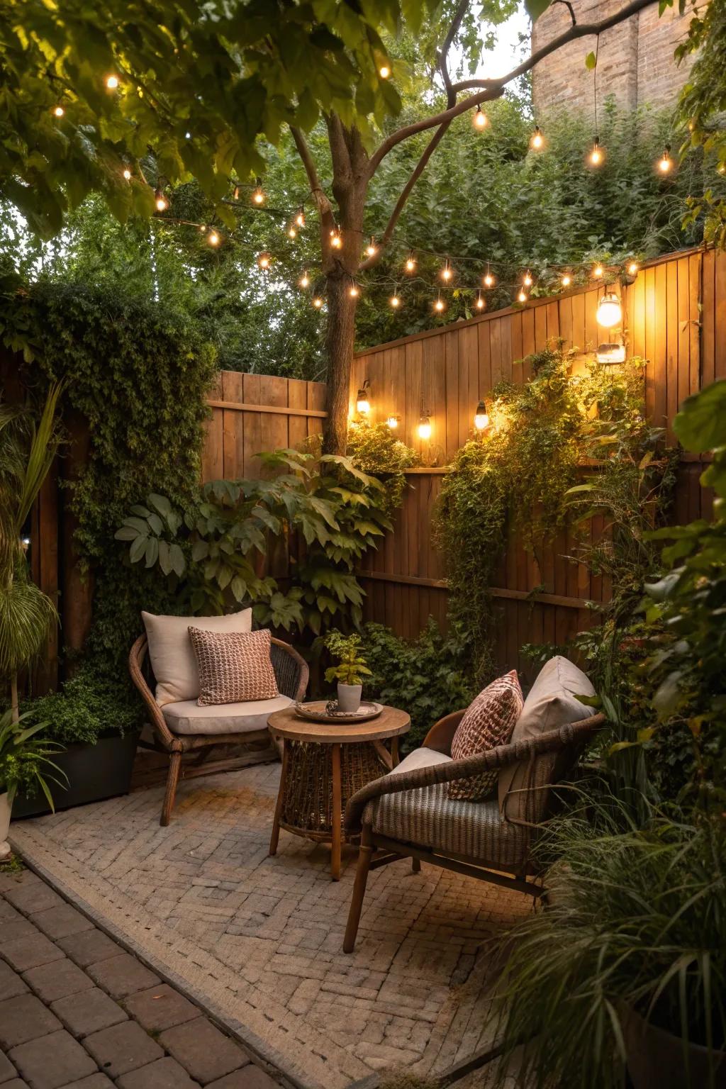 A cozy nook illuminated with twinkle lights is the perfect relaxation spot.