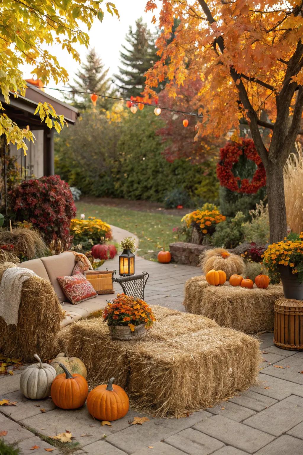 Hay bales fashion a countryside lounging spot in an autumnal garden.