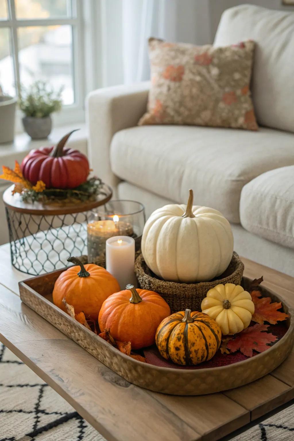 Pumpkins are a quintessential autumn decoration that brings a festive vibe to your residence.