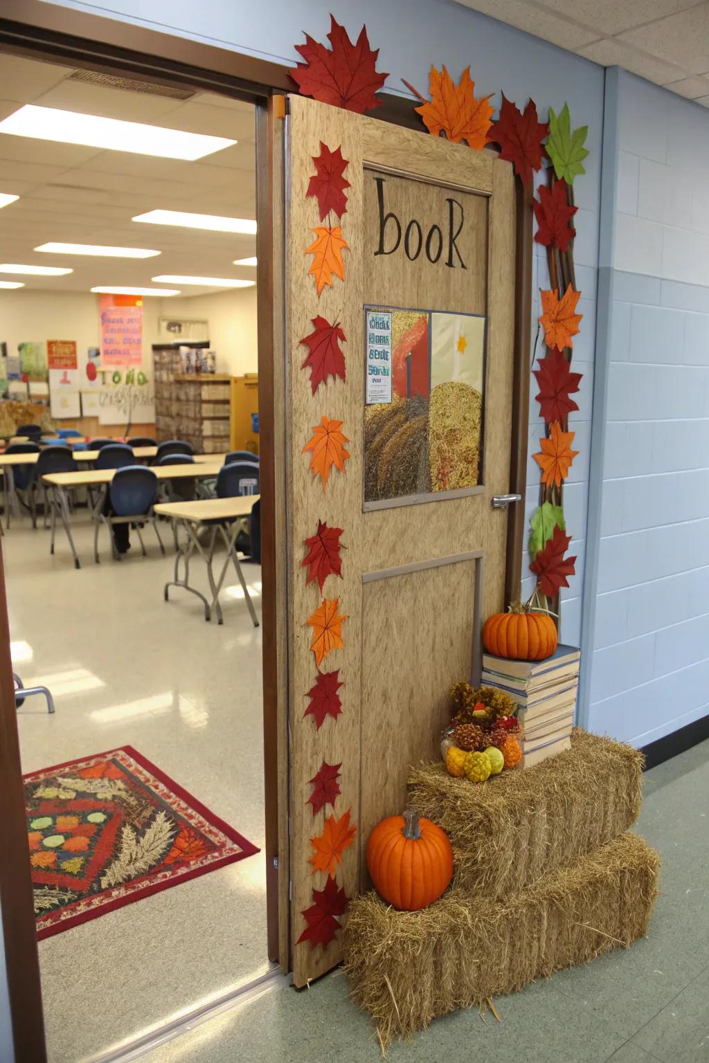 A harvest-inspired entrance featuring books and hay bundles.
