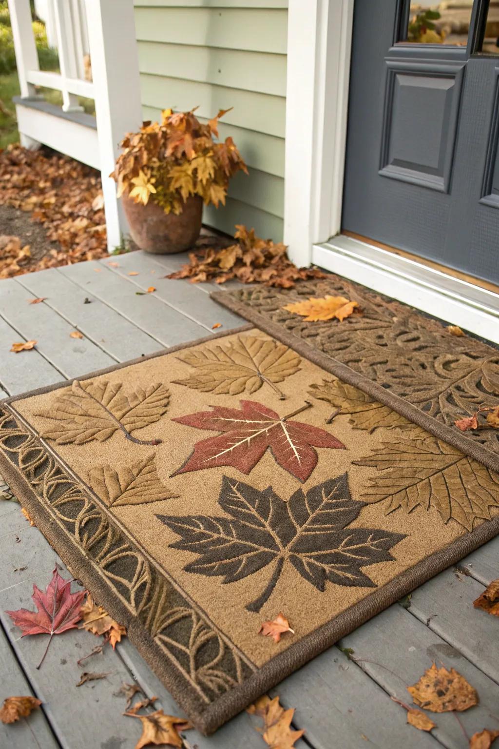 A foliage-patterned doormat embodying the essence of fall.