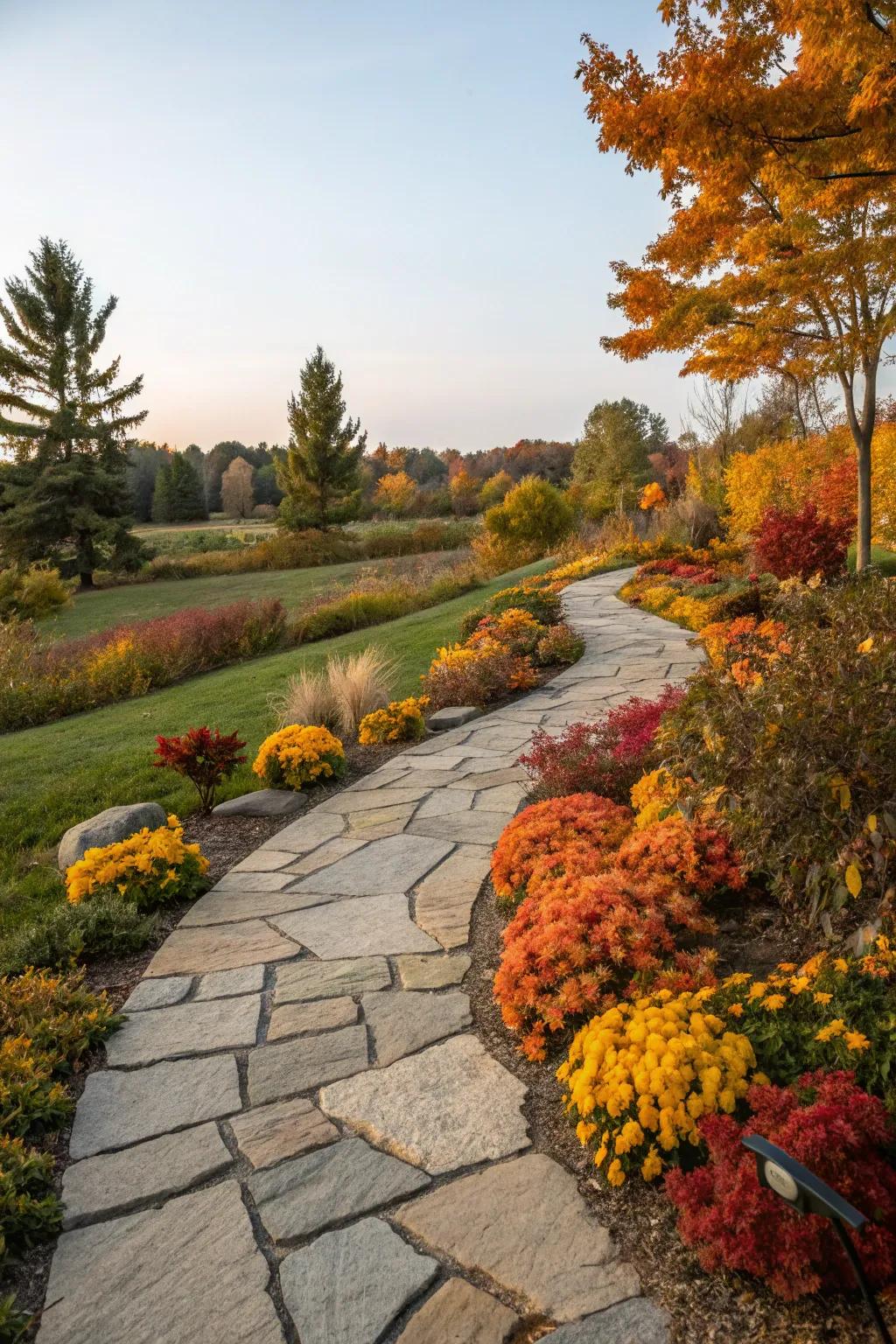 Accent pathways using autumnal flora for added formation.