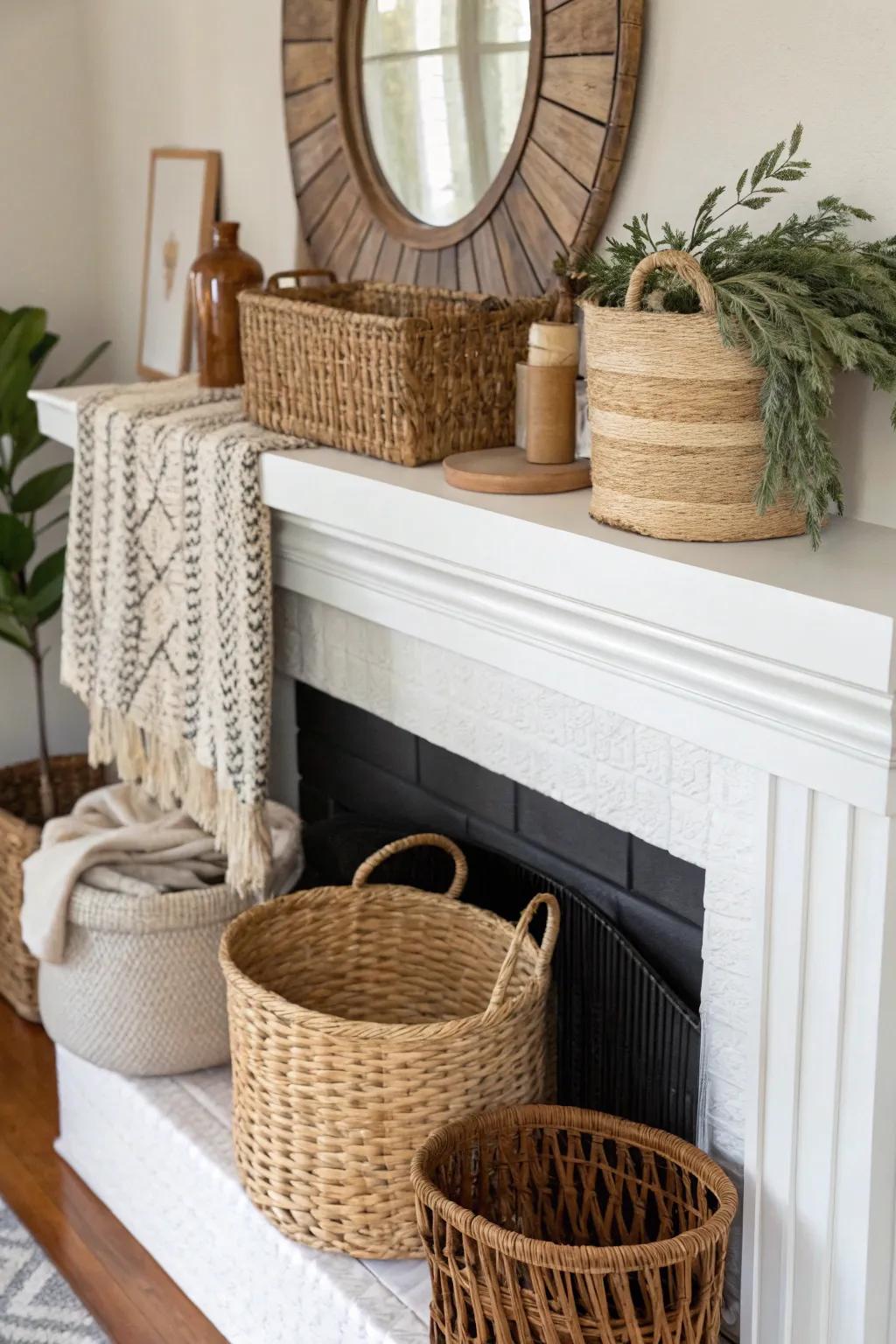 A mantel enhanced with reed containers and interwoven textures.