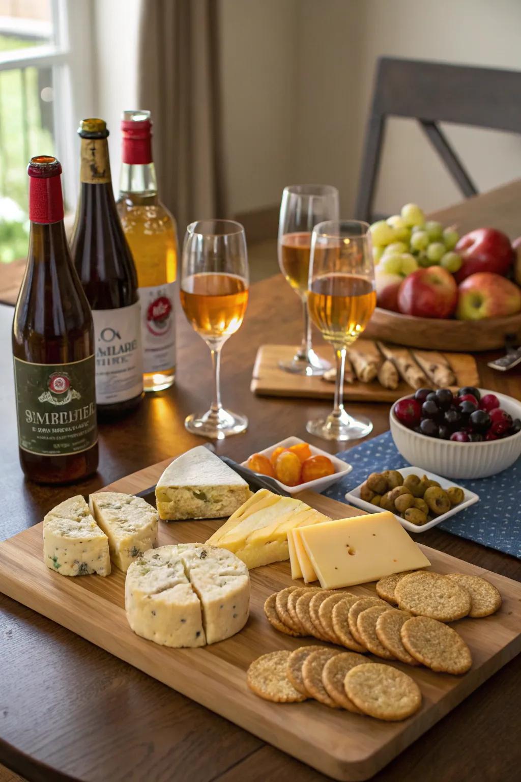 An alluring hard apple juice sampling arrangement with cheeses and snacks.