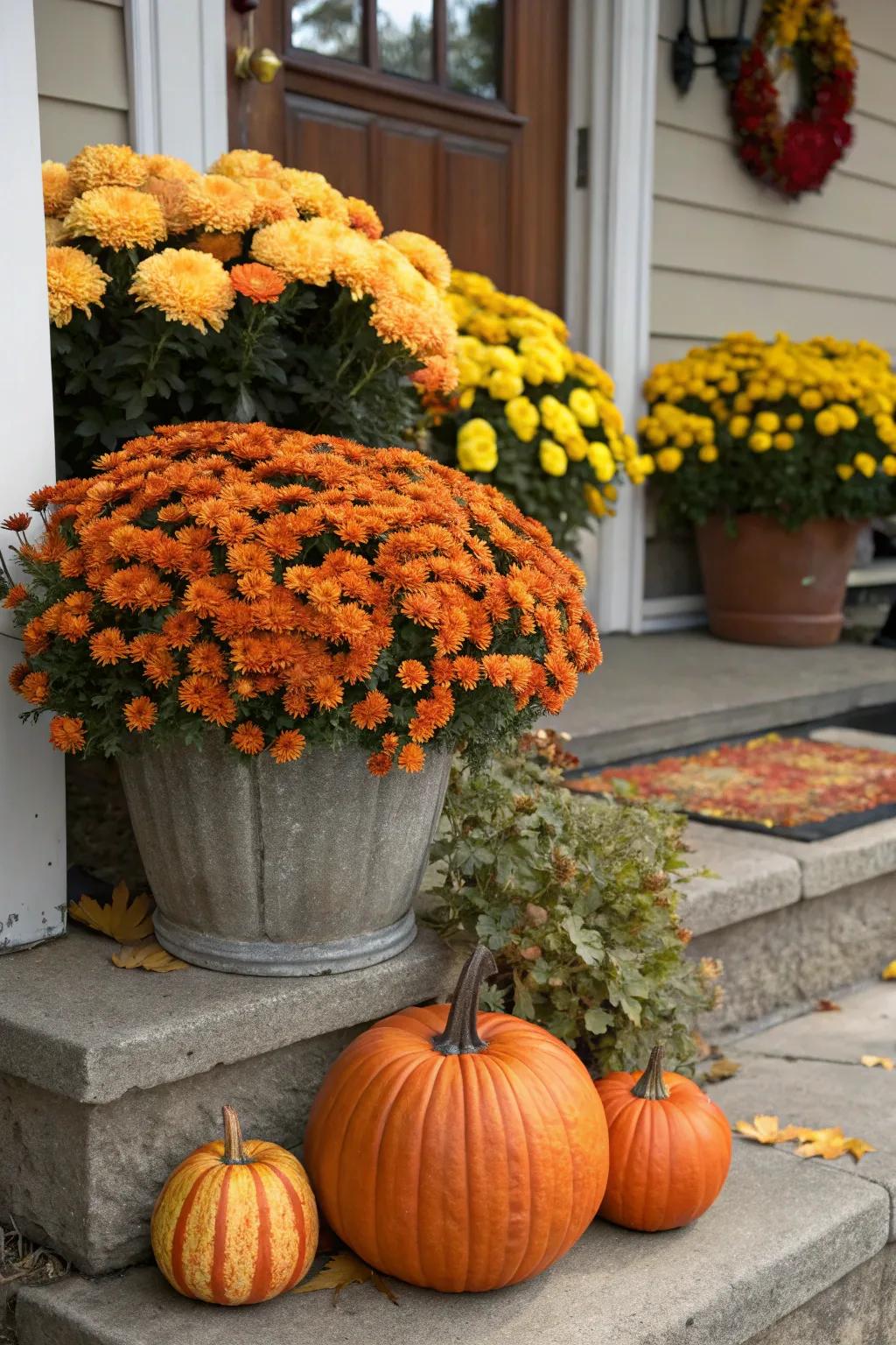 Seasonal blooms matched alongside gourds turn out to be a vibrant pair for the autumn.