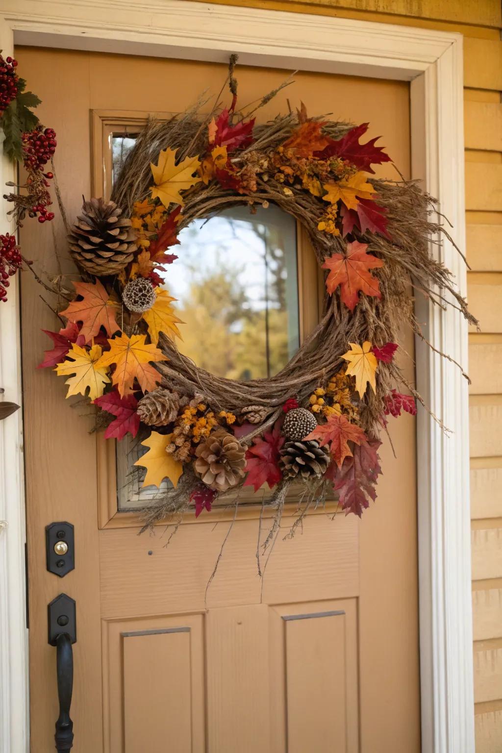 A welcoming garland crafted from autumn's natural components.