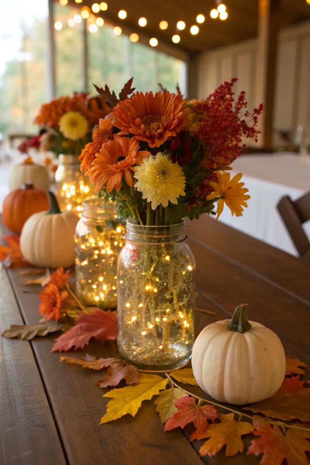 Preserving jars filled with pixie lights and autumn blooms enhance the rustic charm of wedding decor.