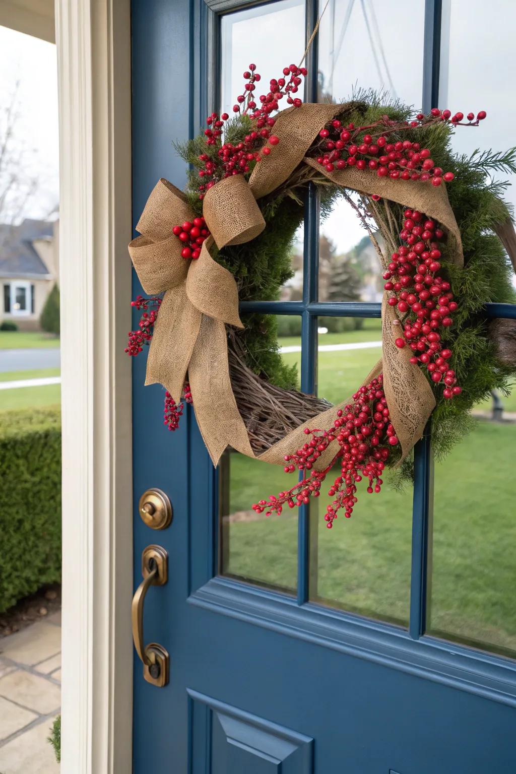 Rough cloth and cranberries fashion a captivating wreath for the season.