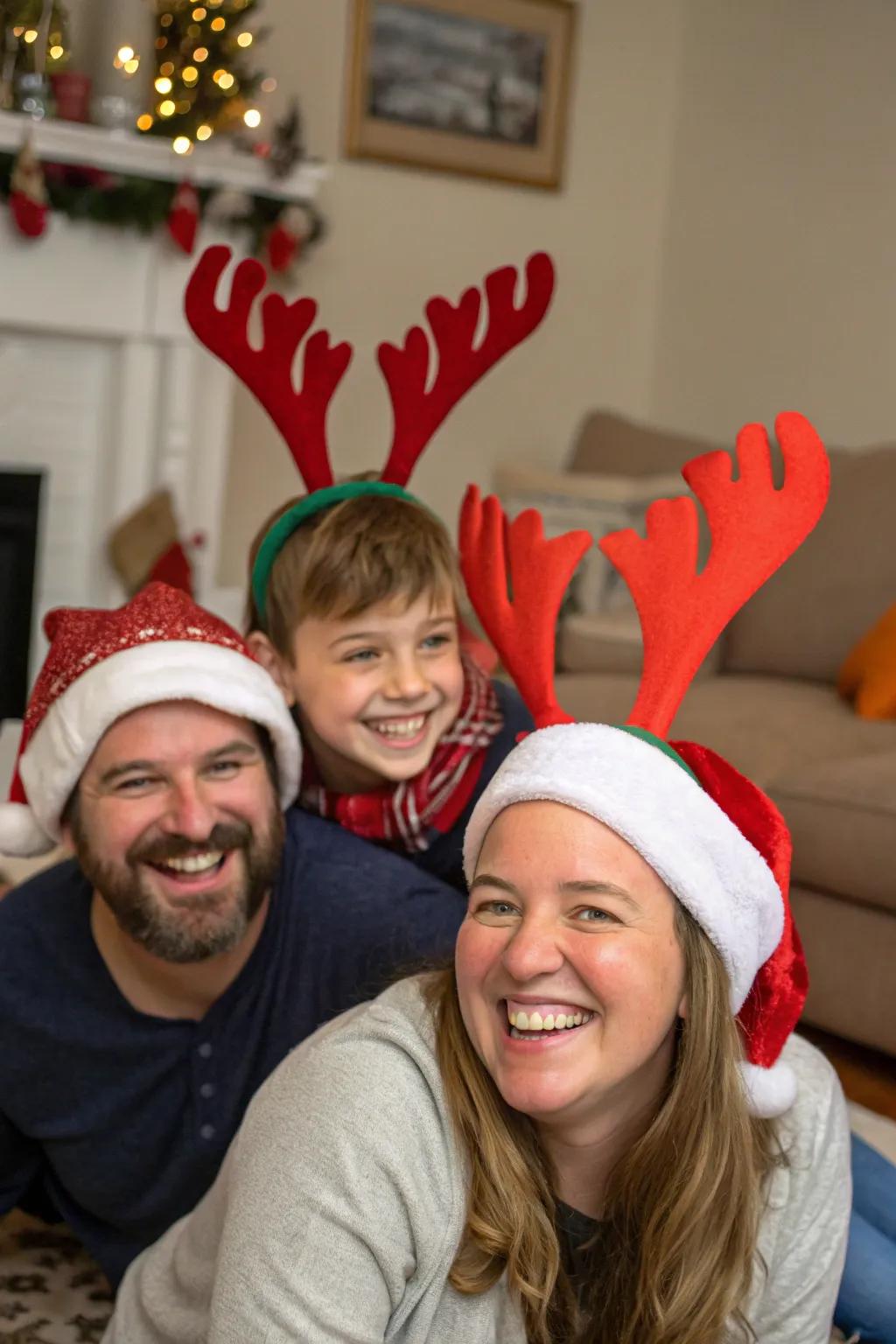 Add a splash of holiday cheer using playful Santa hats and reindeer headbands.