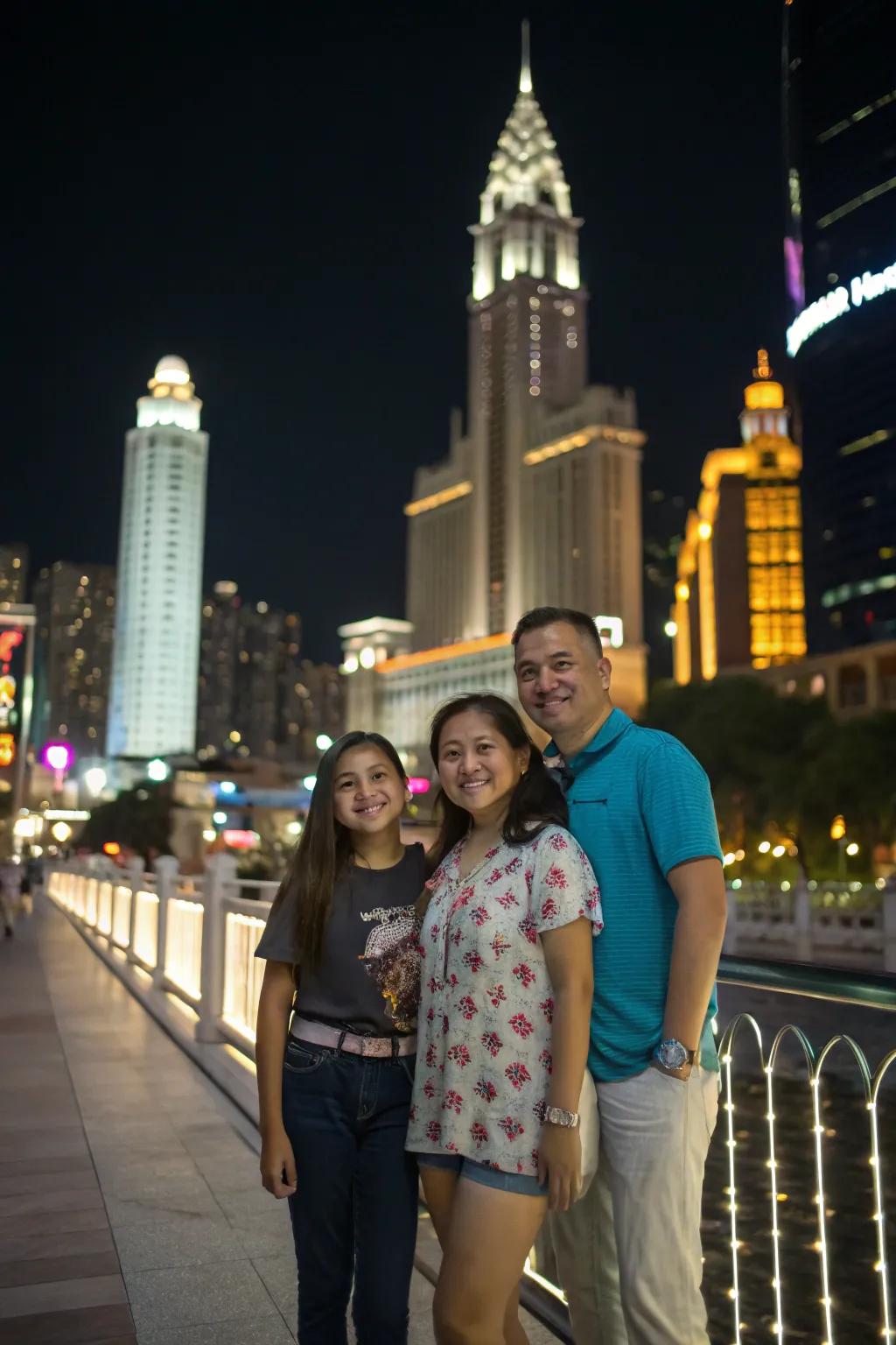A contemporary family portrait with the dynamic backdrop of urban life.