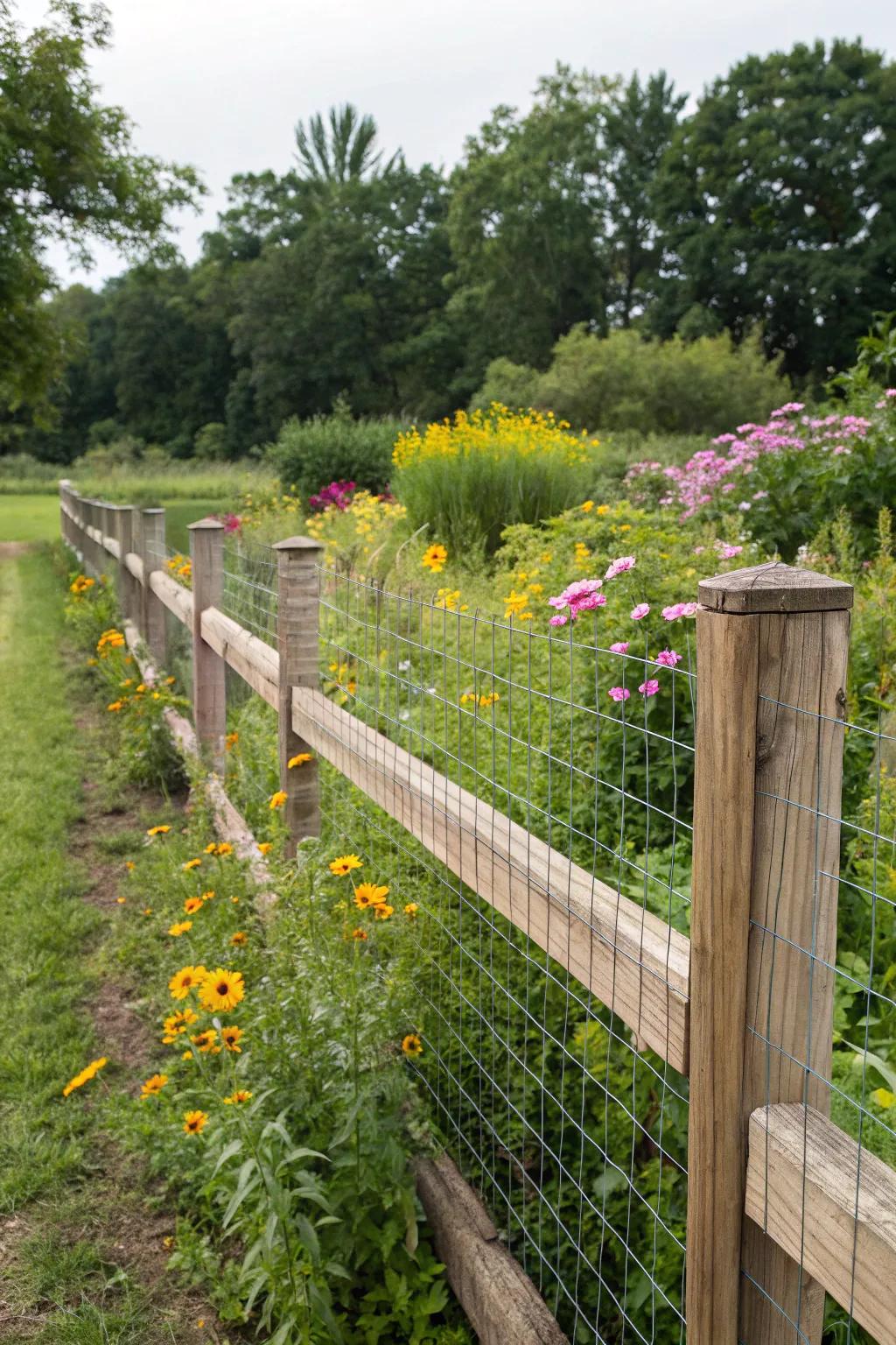 Wood and wire fences ensure security with a touch of rustic charm.