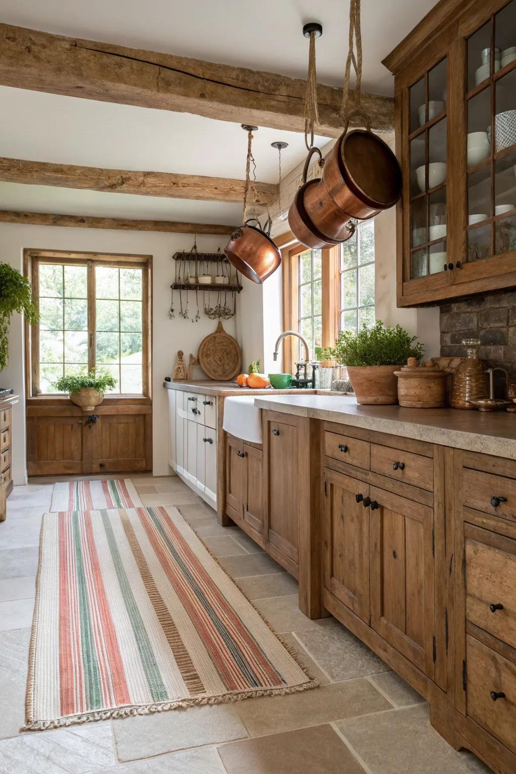 Striped rugs lend a relaxed, country vibe to a farmhouse kitchen.