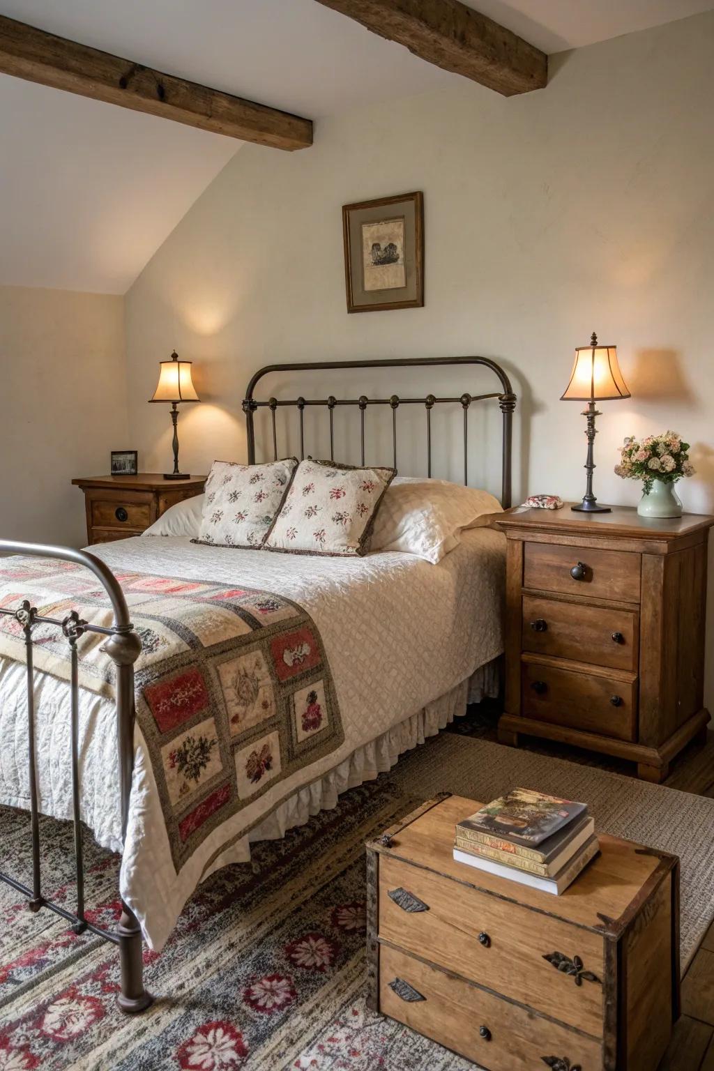 Aged furniture pieces impart historical charm to the bedroom.