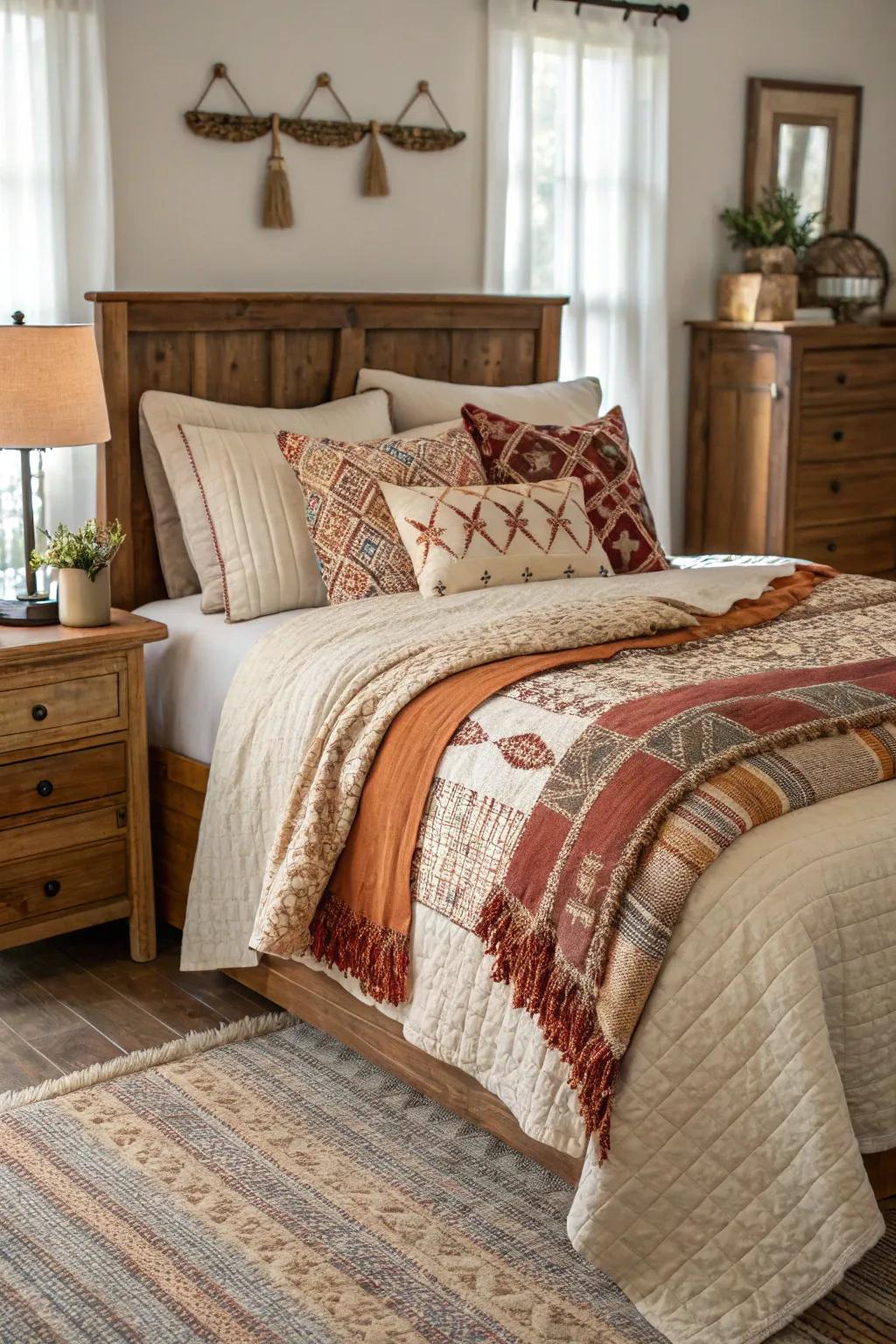 Textured bed linens fashion a welcoming and comfortable haven.