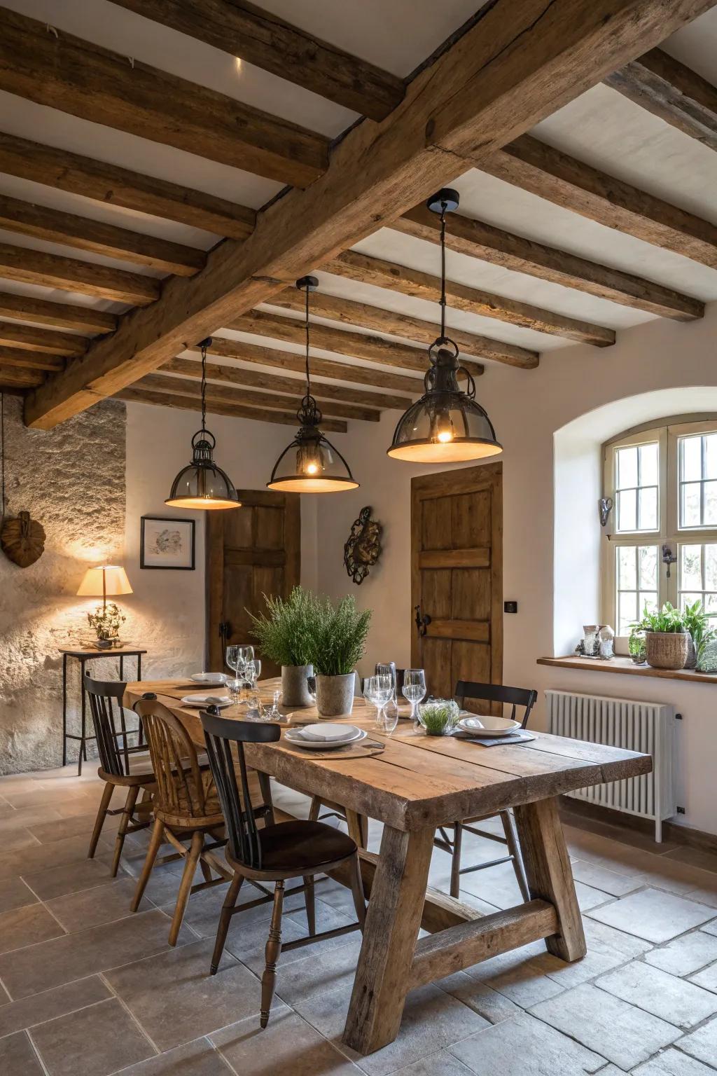 Factory-inspired lighting introduces a vintage flair to this farmhouse eating area.
