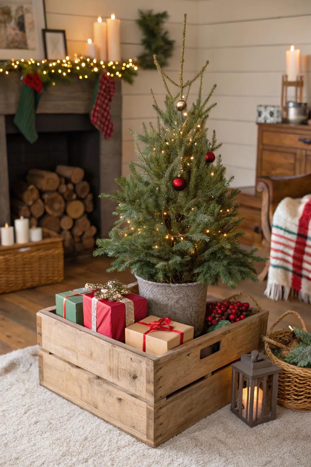 A wooden crate provides a rustic foundation for this delightful Christmas tree.