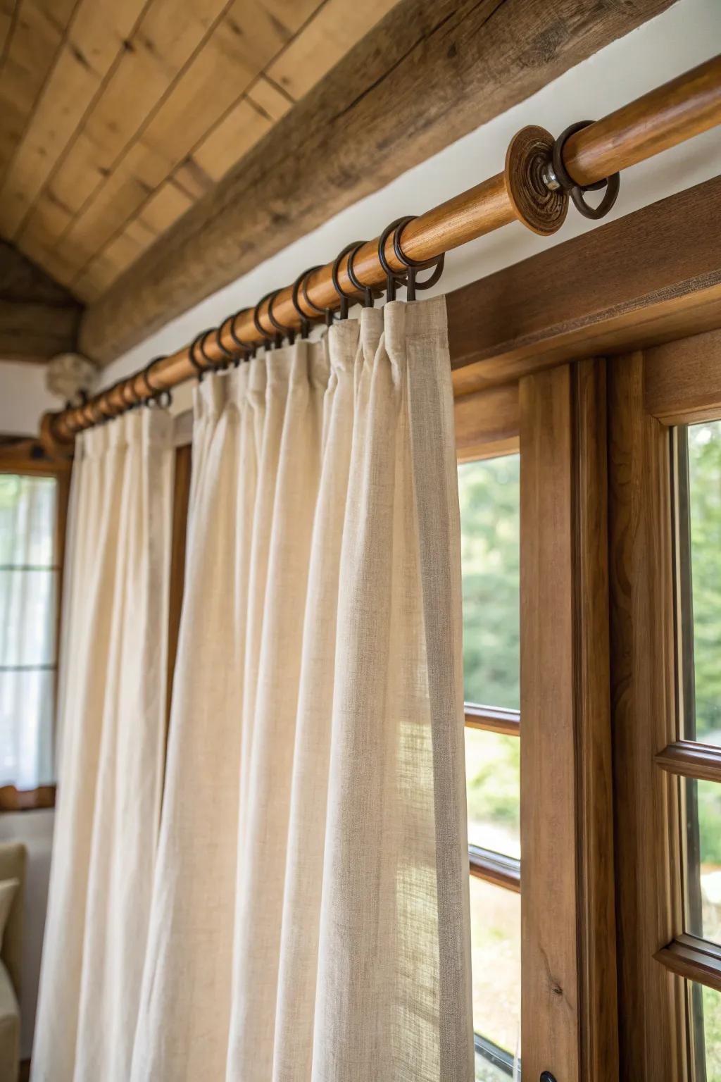 Wooden curtain rods with linen curtains in a comfy farmhouse setup.