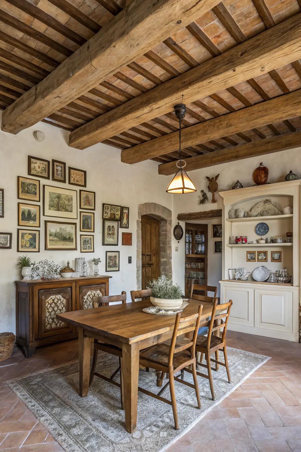 Uncovered beams infuse architectural fascination and country charm to this dining space.