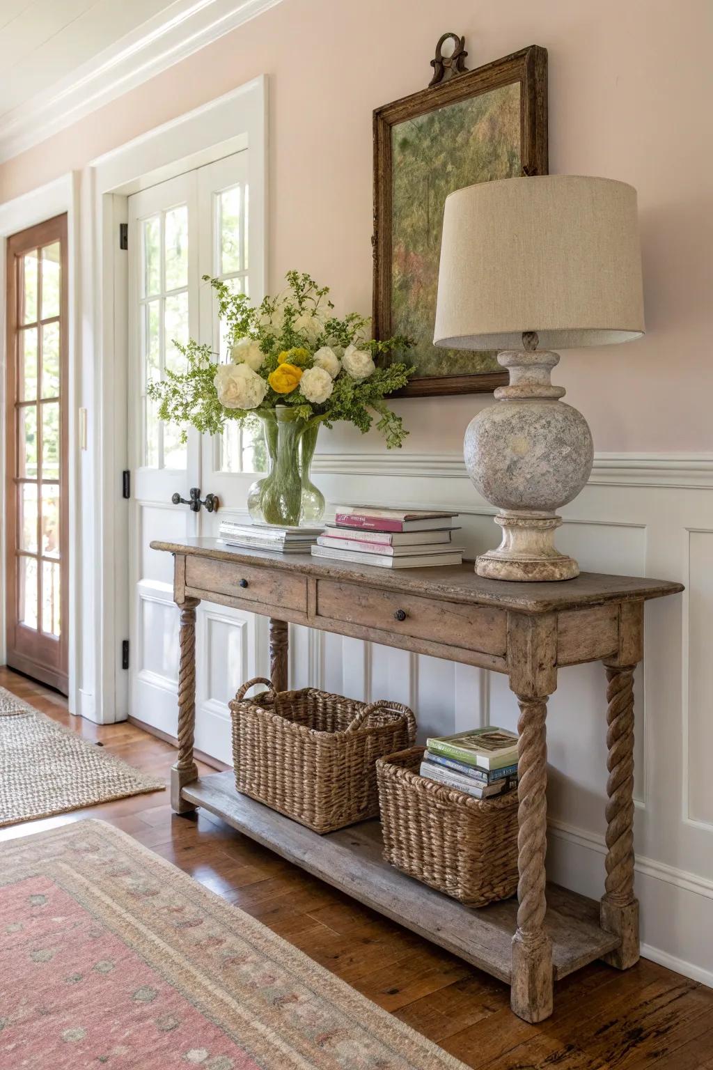 An entryway showcasing a vintage side table that radiates charm.