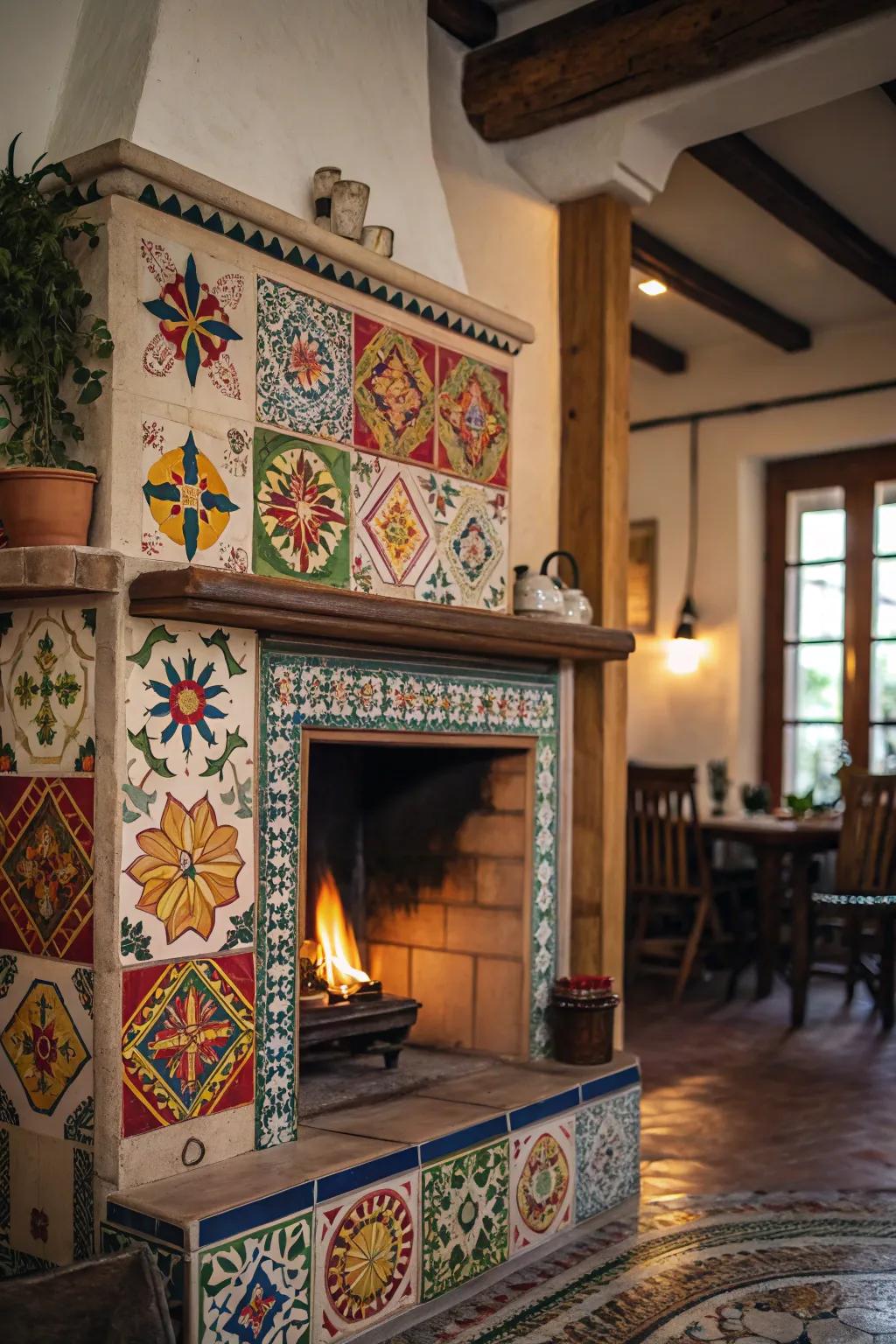 Patterned tiles give an elegant touch to a farmhouse fireplace.
