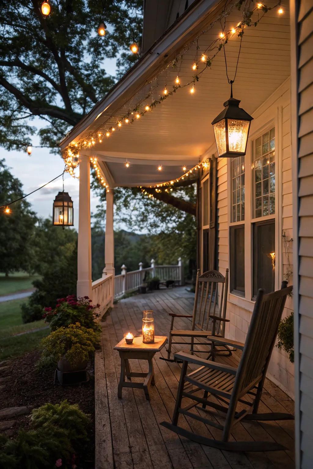 Lanterns and string lights combine to create a snug evening setting.