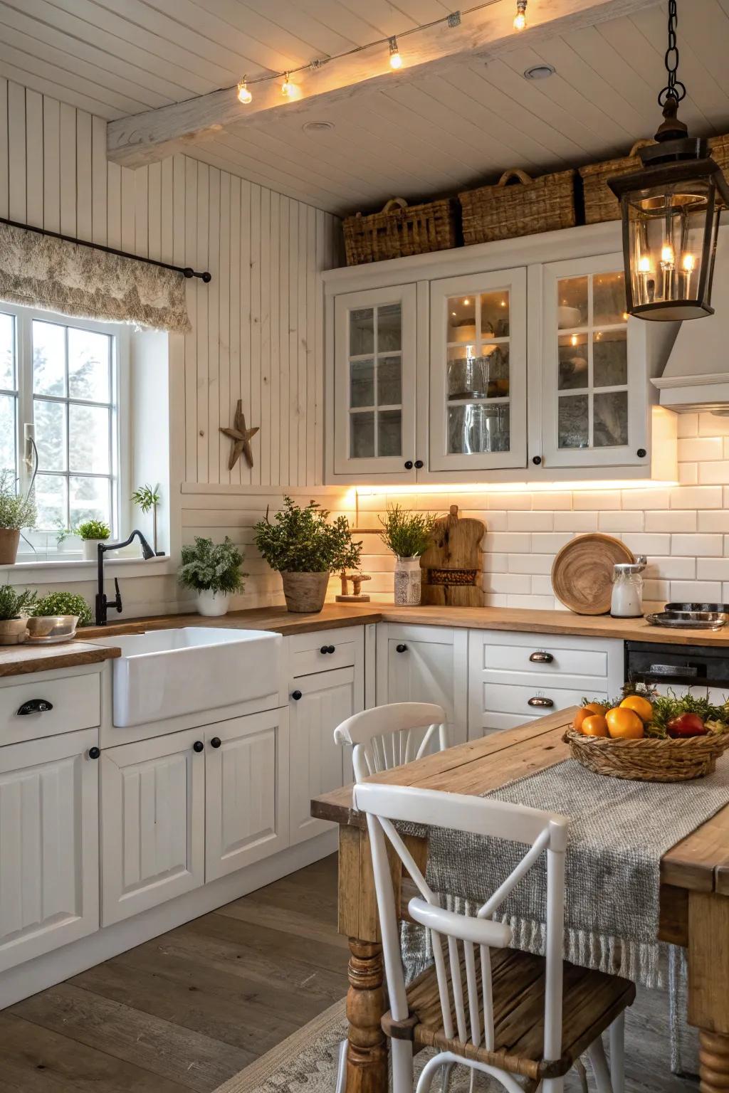 White grooved plank provides texture and dimension, perfectly complementing the white cabinets.
