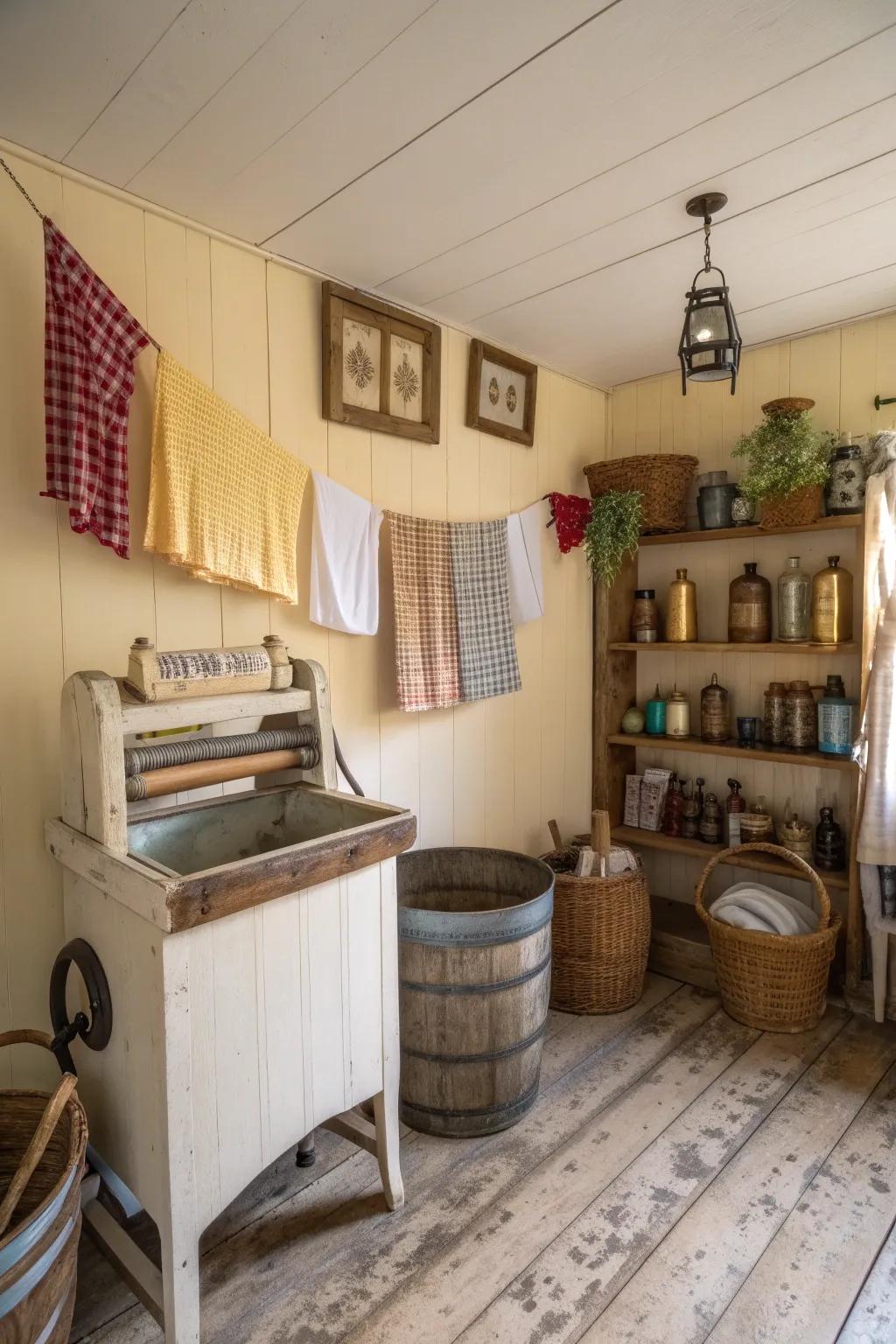 Retro signs lend a sense of character and charm to this snug laundry space.