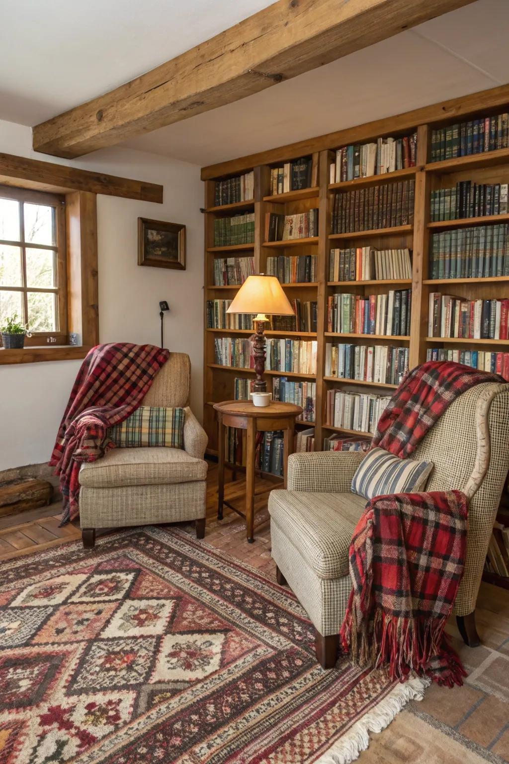 Comfortable textiles like woven throws and rugs add coziness to the library.
