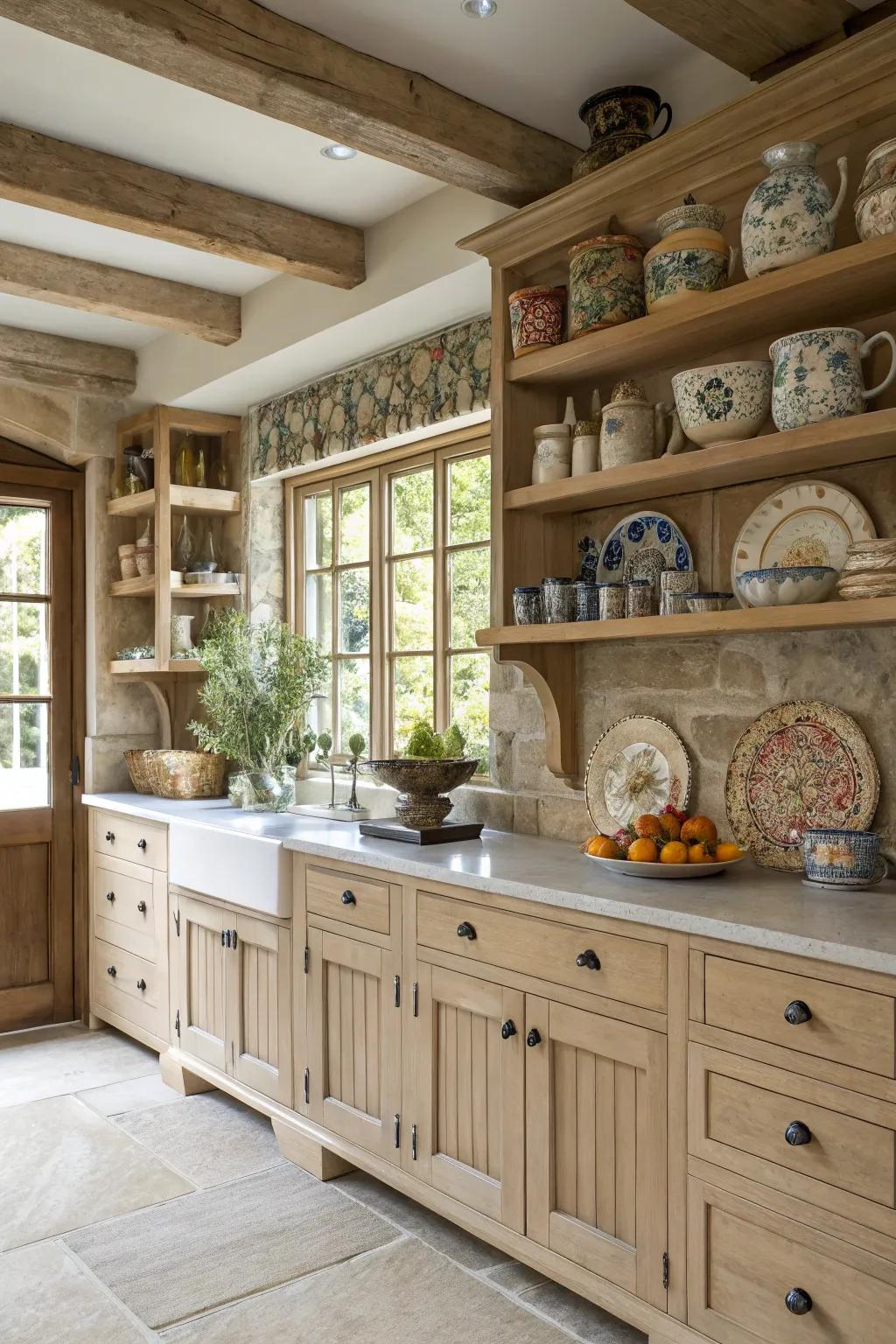 Open shelving combined with pale timber fittings develops a large feeling.