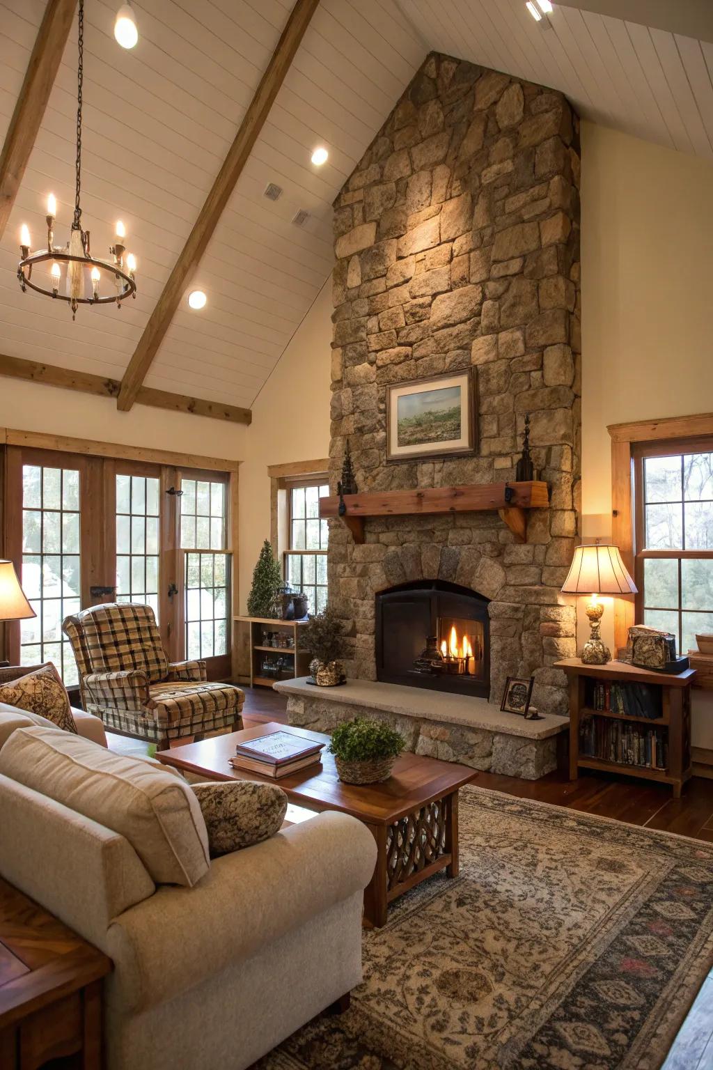 A stone hearth serves as the snug focal point of this farmhouse living area.