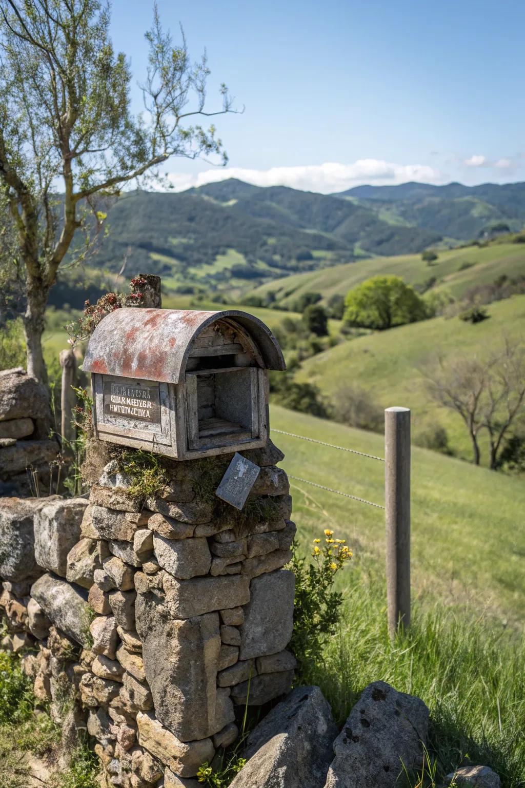 A farmhouse mailbox elegantly nestled within a stone surround.