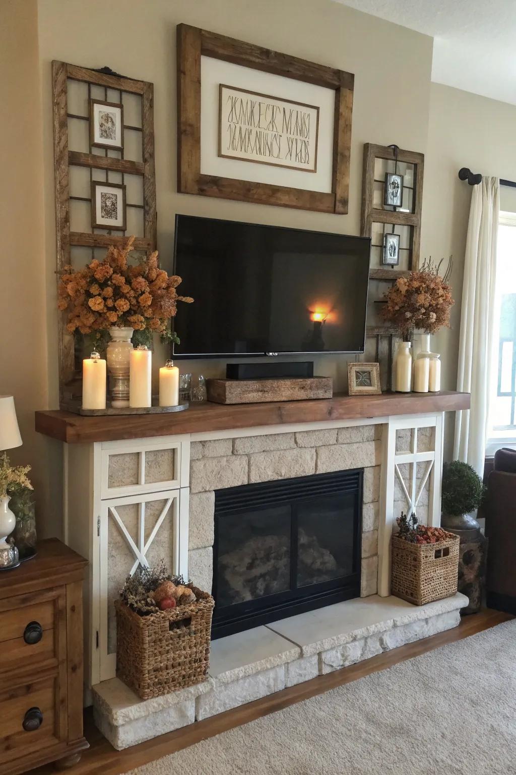 A superbly balanced farmhouse mantel beneath a TV, displaying a symmetrical d&eacute;cor layout.