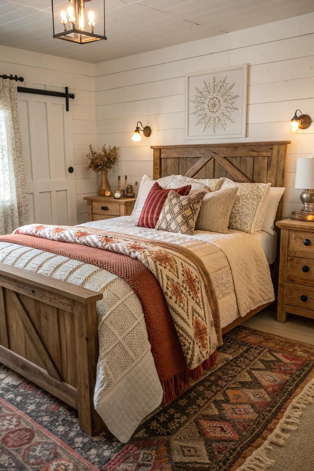 Tiered bedding contributes warmth and ease to the area.