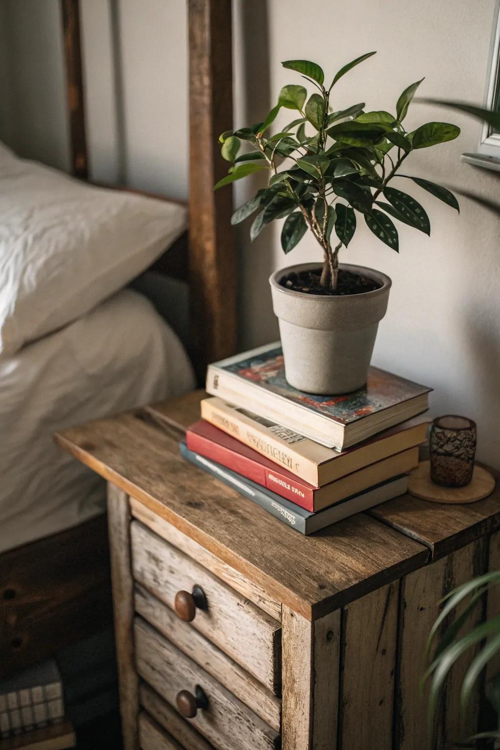 Greenery infuses the bedside decor with freshness.