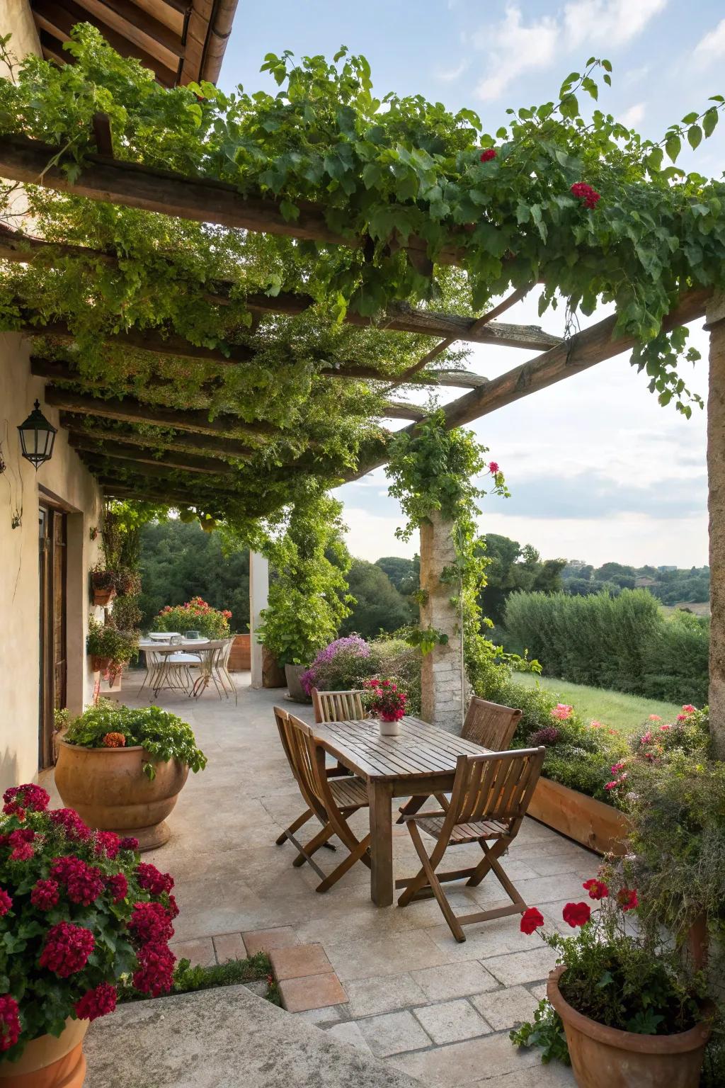 A pergola draped in foliage creates a charming patio sanctuary.