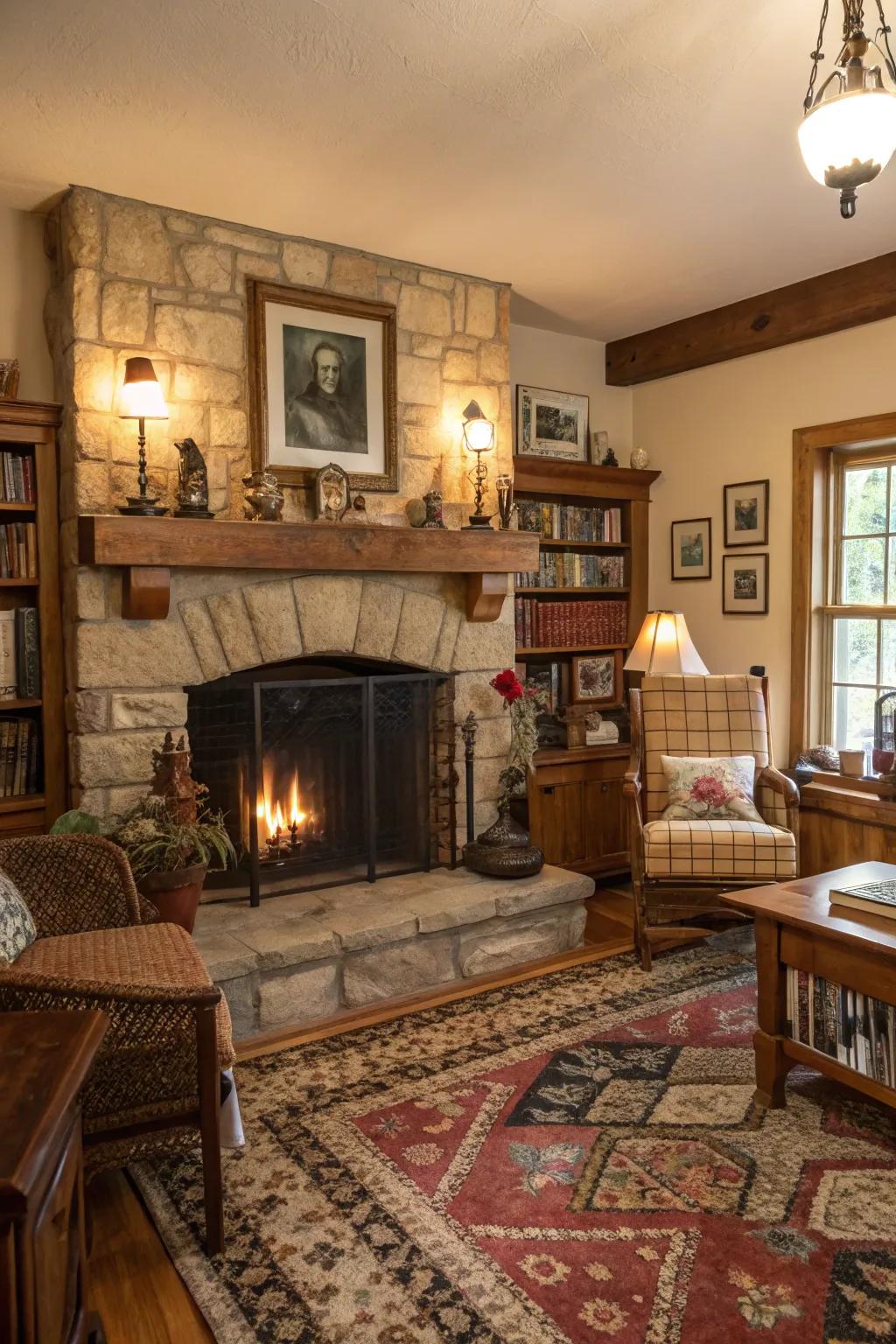A comfortable fireplace, the central point of a rustic home.