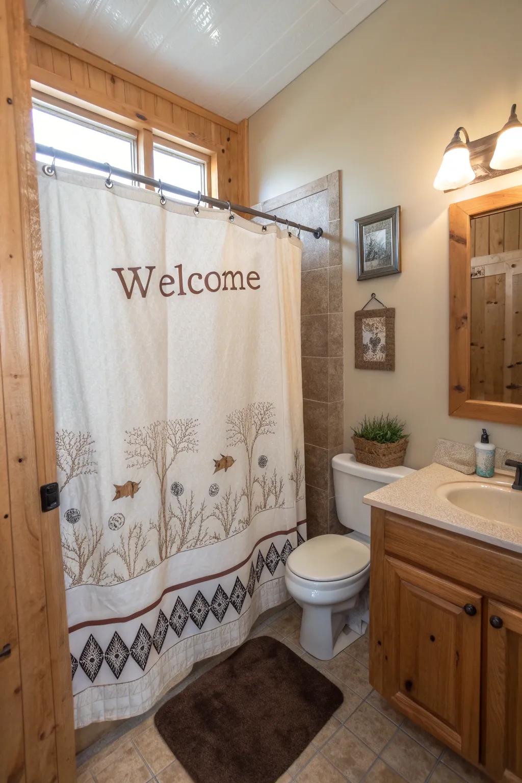 A bathroom featuring a shower curtain with heartwarming and inviting welcome expressions.