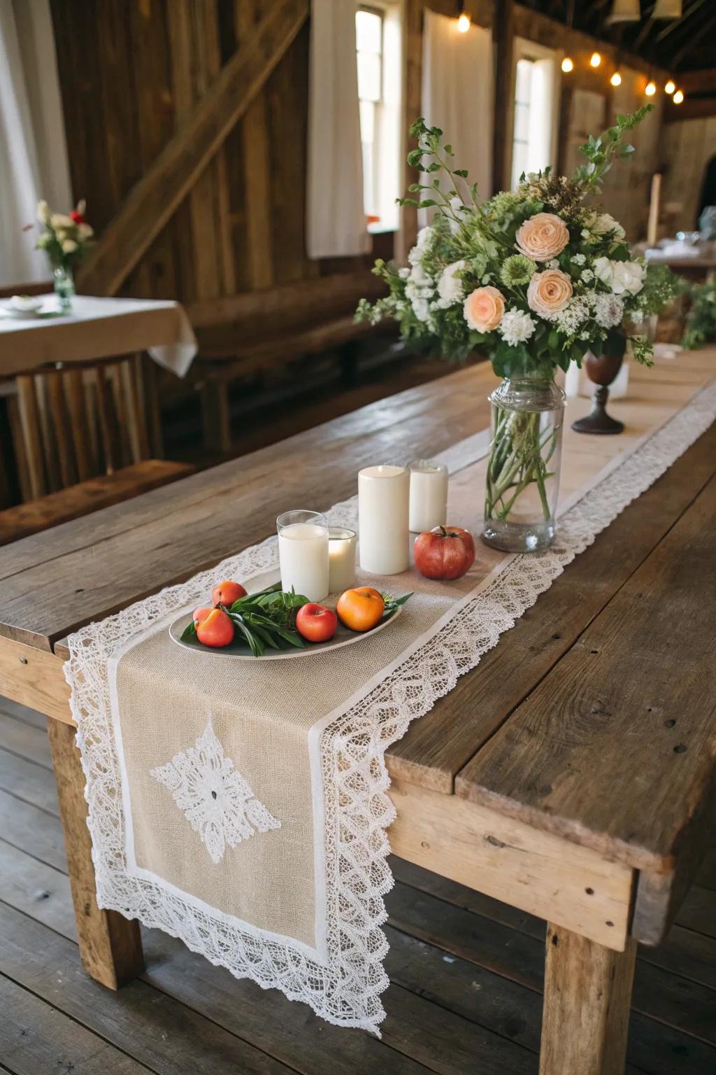 A sackcloth and net table runner brings texture and elegance to your farmhouse table.