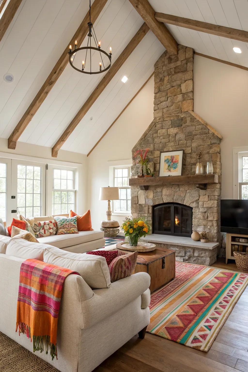 A neutral living space featuring colorful accents beneath a vaulted ceiling.