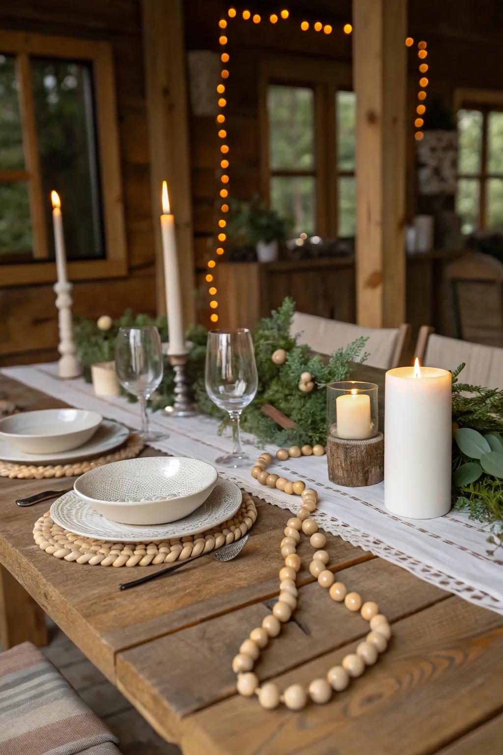 Beaded strand serving as a centerpiece on a countryside table display.