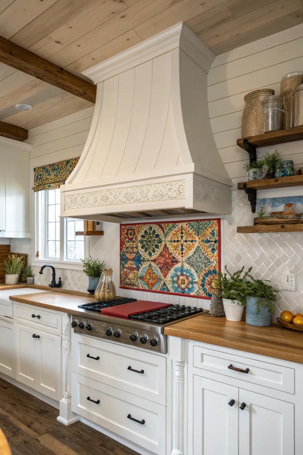 Grooved boards contribute a timeless touch to a farmhouse cooking area.