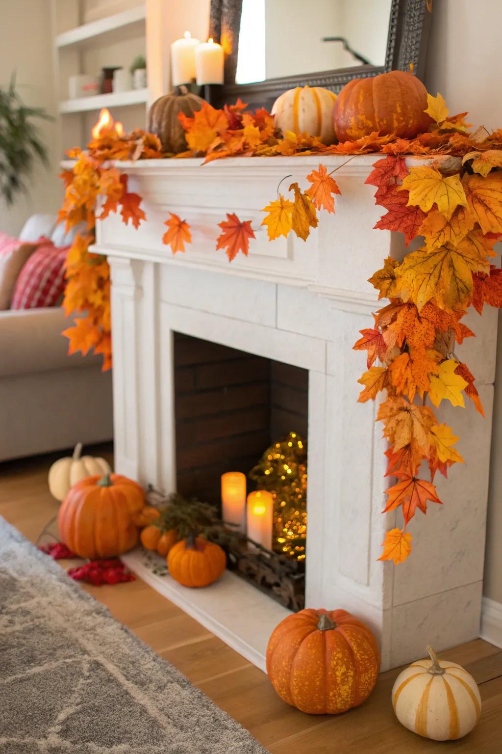 A show fireplace is decorated with fall decorations.