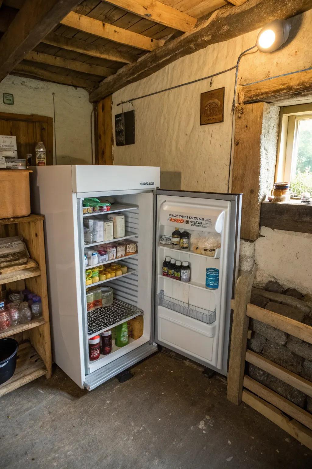 A mini fridge keeps perishables fresh and accessible.