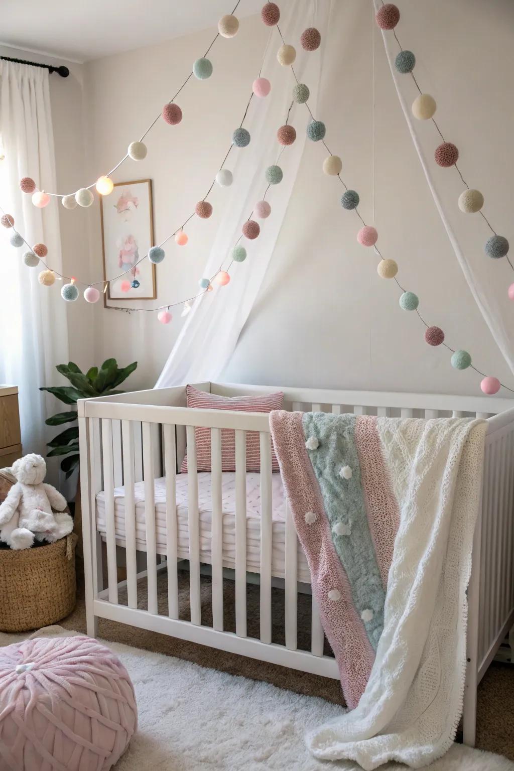 Felt ball garlands in pastel colors create a tranquil, lovely ambiance in nurseries.