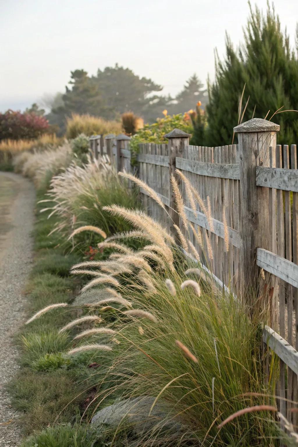 Ornamental grasses introduce a gentle, flowing dimension to your fence border.