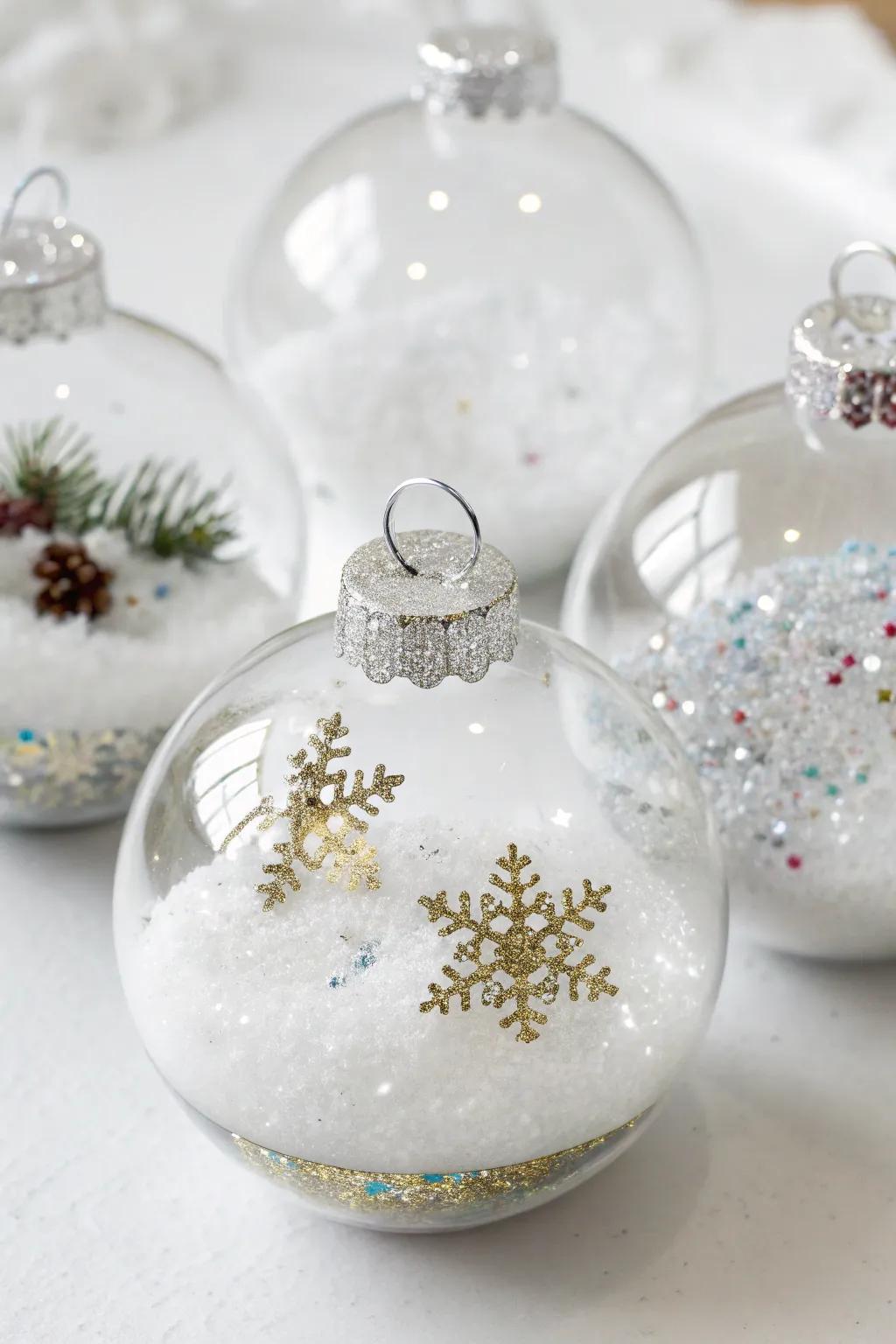 Snow globe inspired ornaments sparkling with faux snow and glitter.