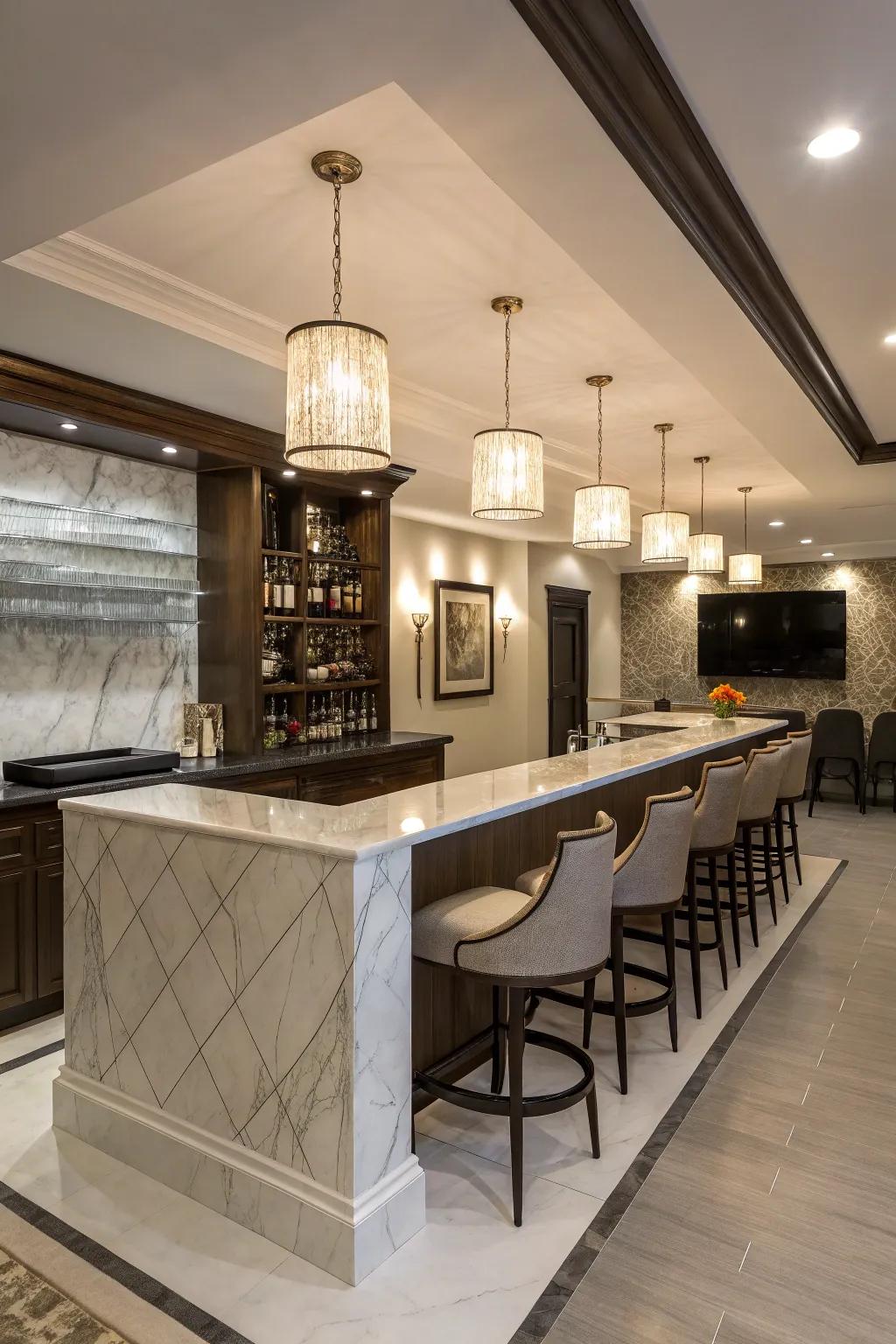 Attain smooth sophistication with a refined modern basement bar.